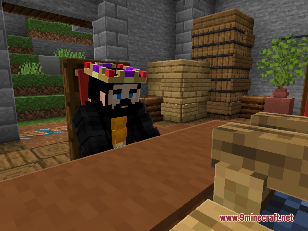 Atomic Delight Vanilla Resource Pack Screenshot 1 A Minecraft character wearing a crown sits at a large wooden table