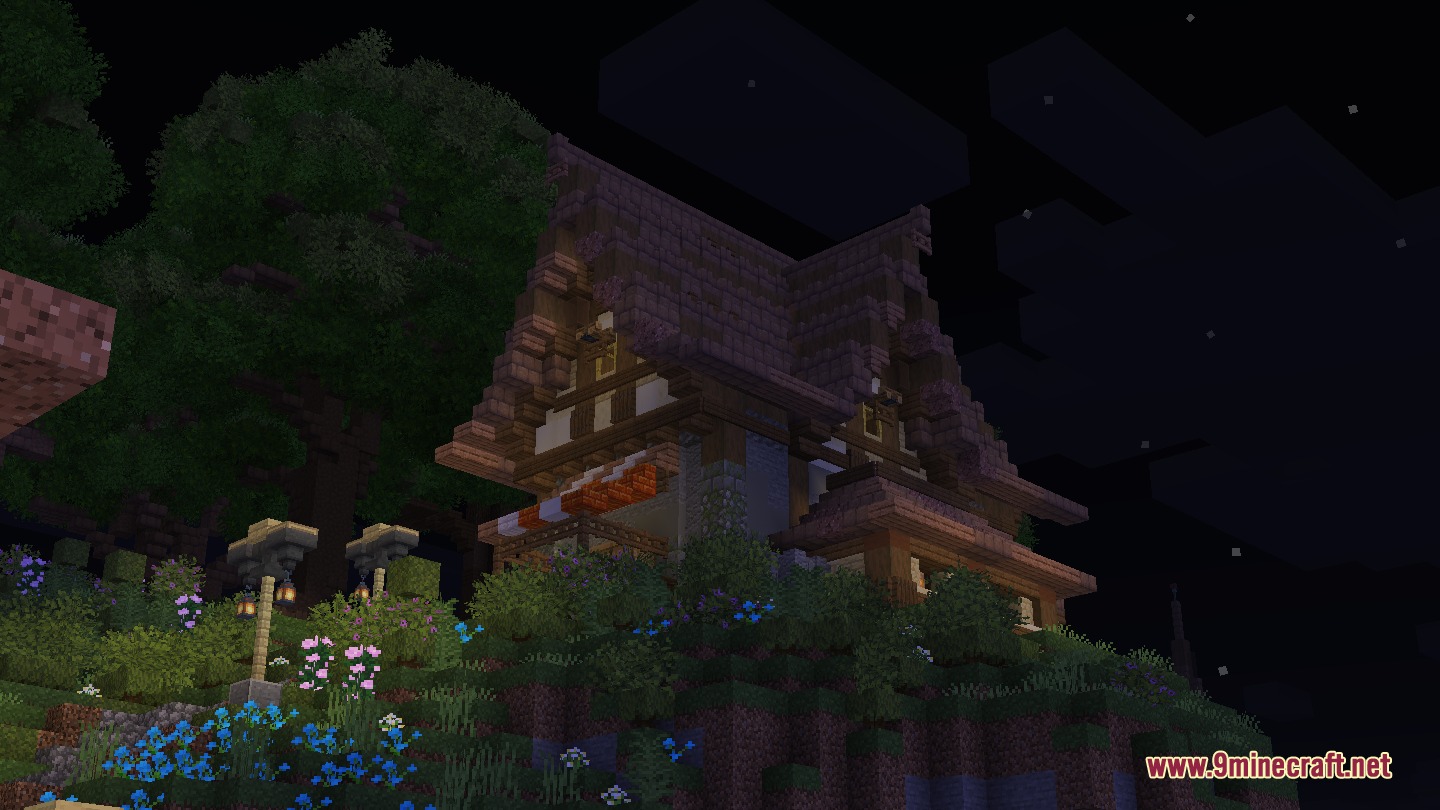 Atomic Delight Vanilla Resource Pack Screenshot 3 Cozy wooden house on a hill with flowers and lanterns at night