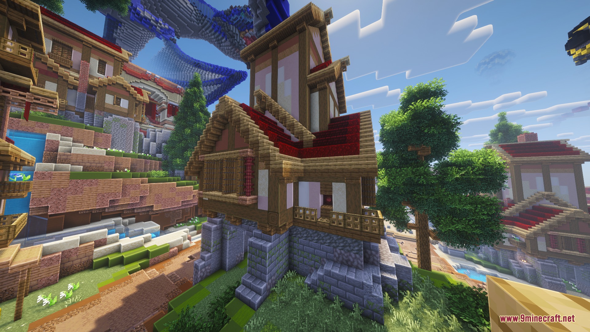 Atomic Delight Vanilla Resource Pack Screenshot 4 Medieval buildings with red roofs and stone foundations under a bright sky