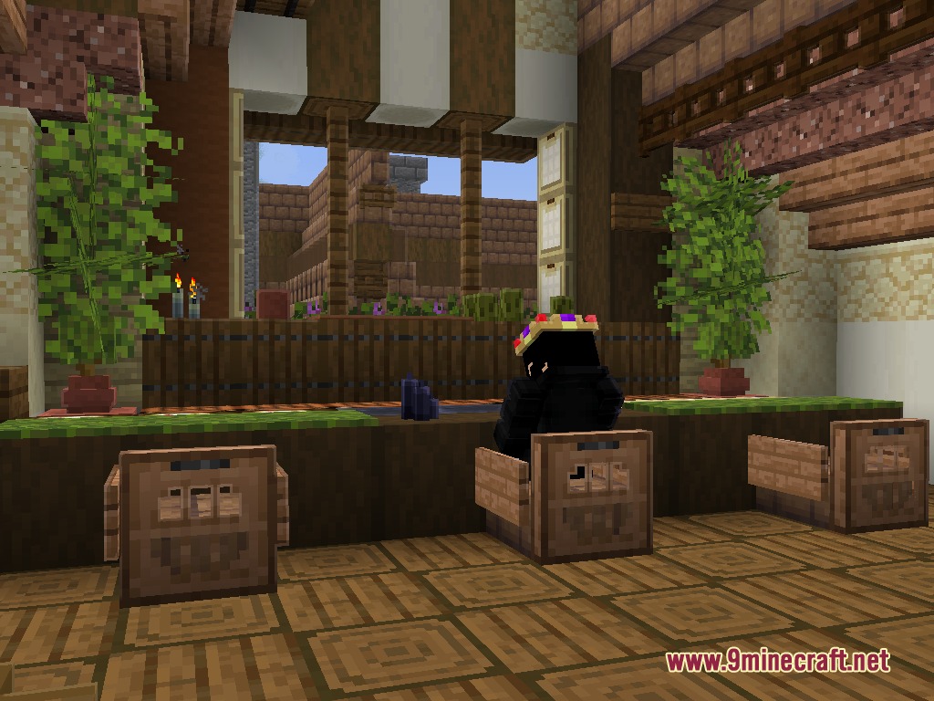 Atomic Delight Vanilla Resource Pack Screenshot 5 A player wearing a crown sits at a wooden bar inside a building