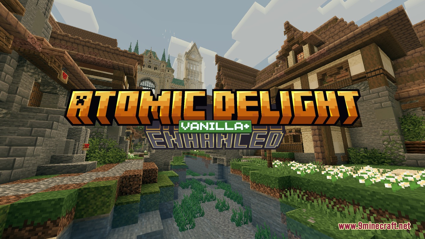 Atomic Delight Vanilla Resource Pack Screenshot 6 Atomic Delight Vanilla Enhanced title screen featuring a medieval town and tall castle