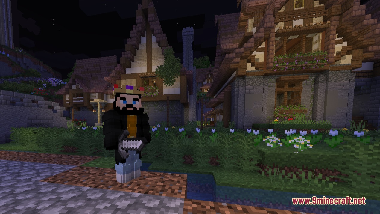 Atomic Delight Vanilla Resource Pack Screenshot 7 A player wearing a crown stands near detailed houses in a night village