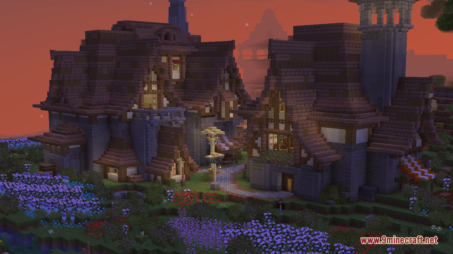 Atomic Delight Vanilla Resource Pack Screenshot 8 Beautiful medieval houses surrounded by vibrant flower gardens during a warm sunset