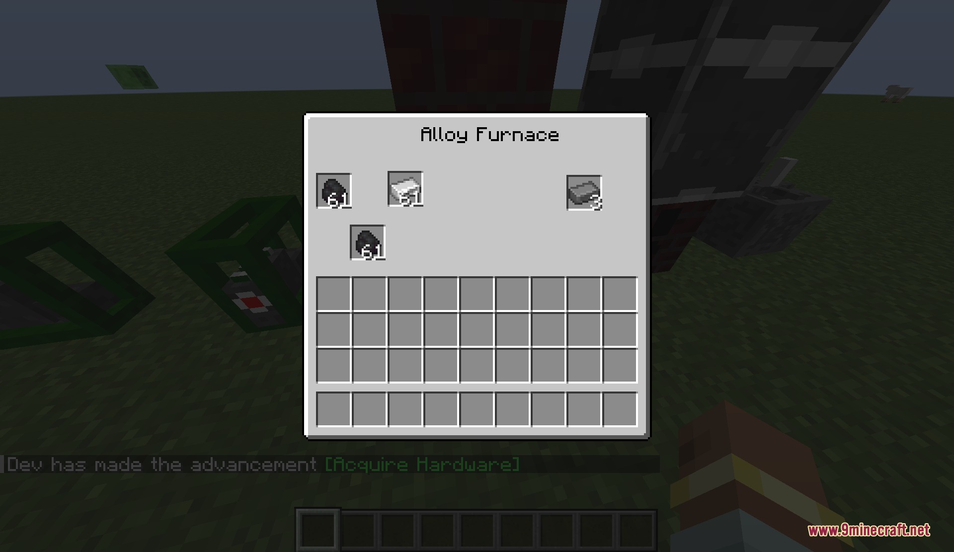 Alloy Furnace interface showing coal and iron ingots being processed into steel