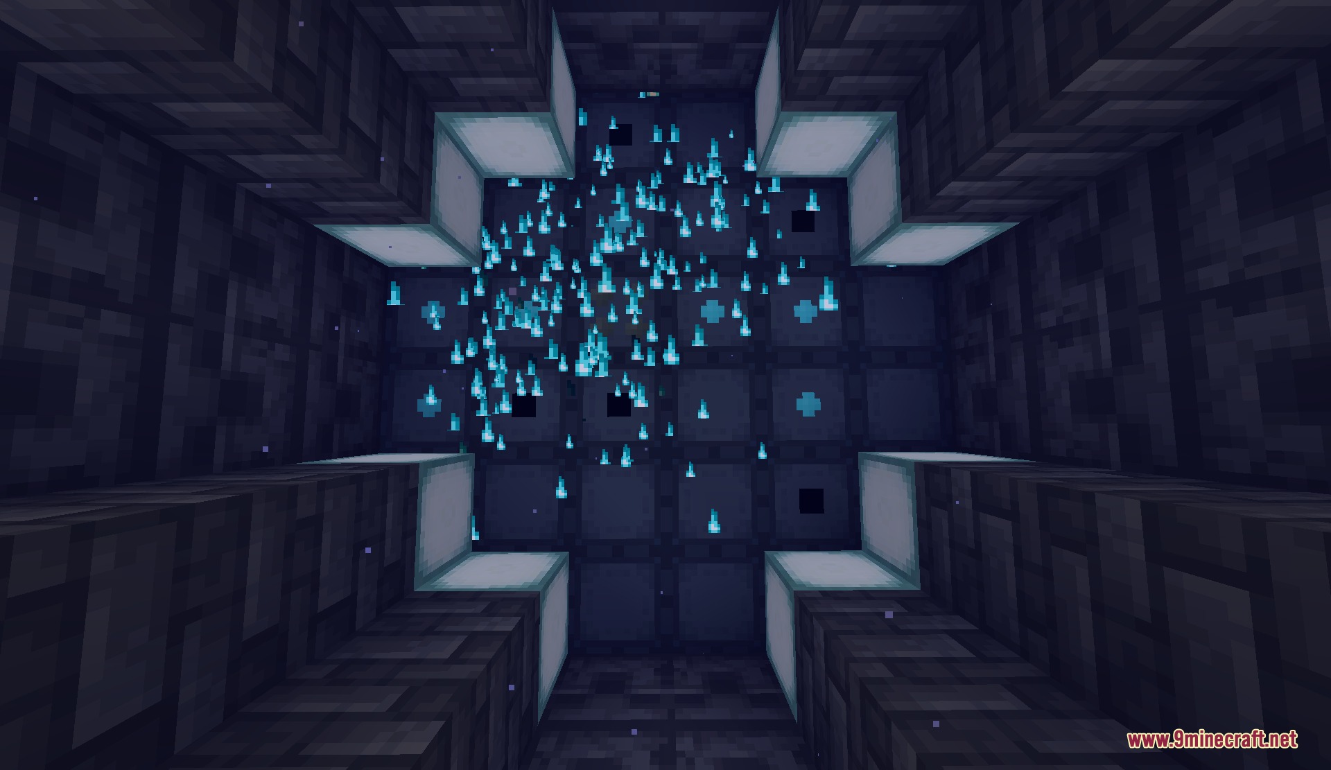 Interior view of a dark nuclear reactor core with glowing blue energy particles