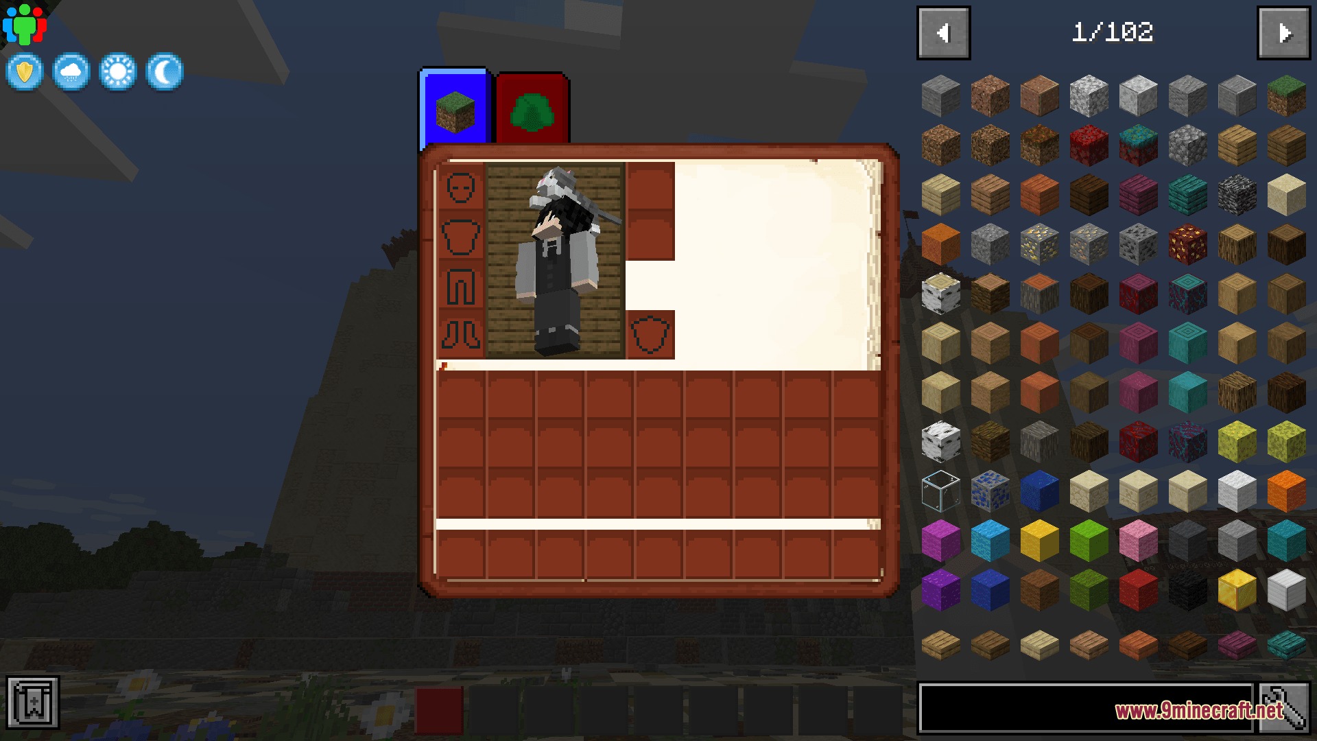 Attack on Titan Dawn of Humanity RP Resource Pack Screenshot 3 Player character preview in a custom brown parchment inventory menu with special slots