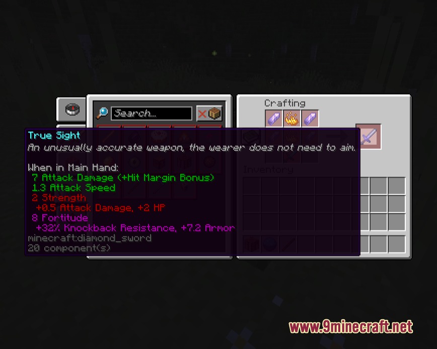 Attribute Accessories Mod Screenshot 3 Crafting a diamond sword called True Sight with custom stats in Minecraft