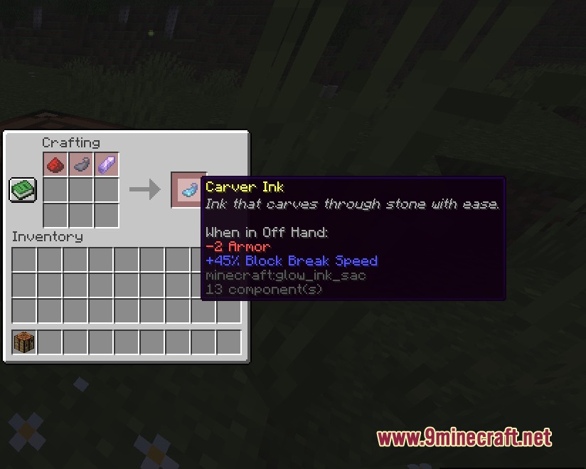 Attribute Accessories Mod Screenshot 5 Crafting recipe for Carver Ink accessory using redstone gunpowder and amethyst shard