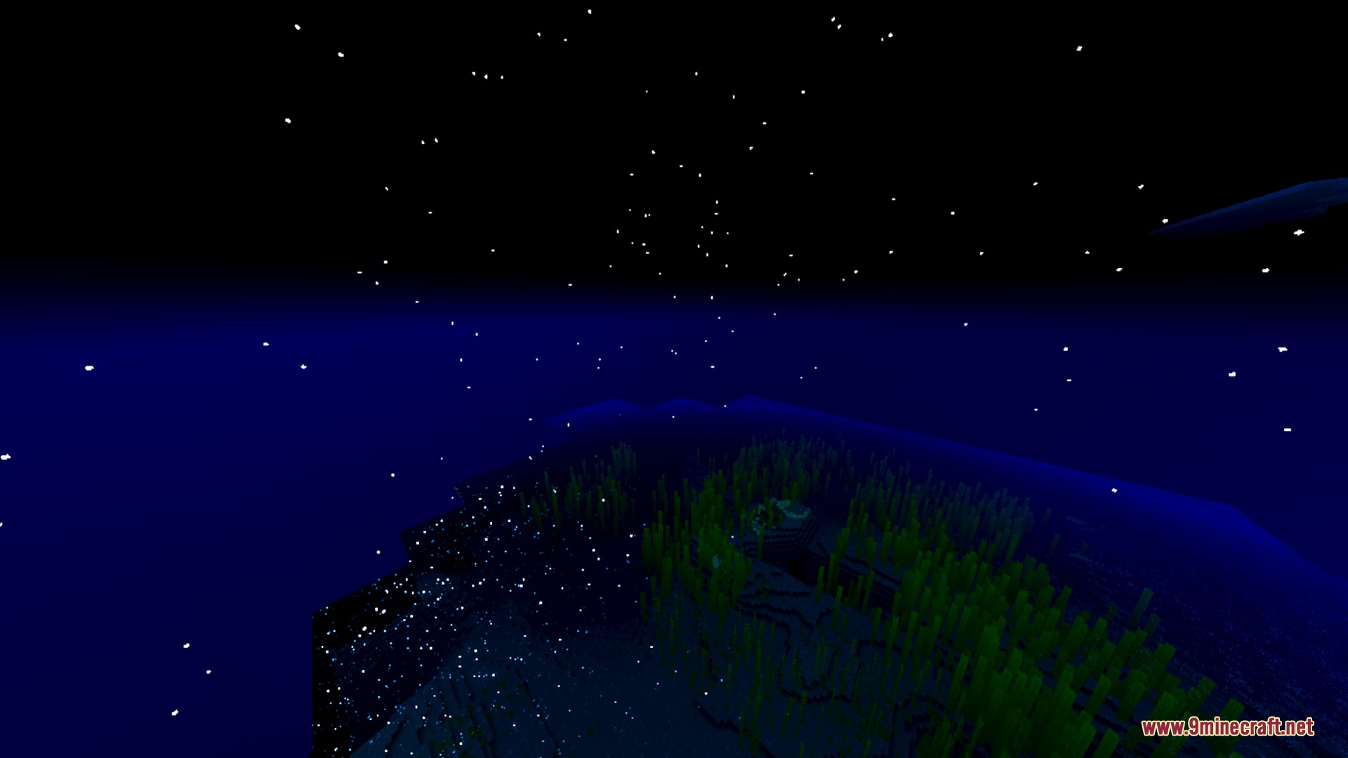 Auralis Shader Screenshot 4 A starry night sky above dark blue water and glowing underwater vegetation