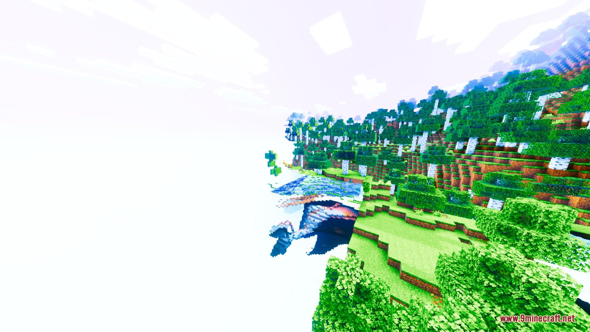 Auralis Shader Screenshot 7 Vibrant forest landscape with bright lighting and reflective water under a clear sky