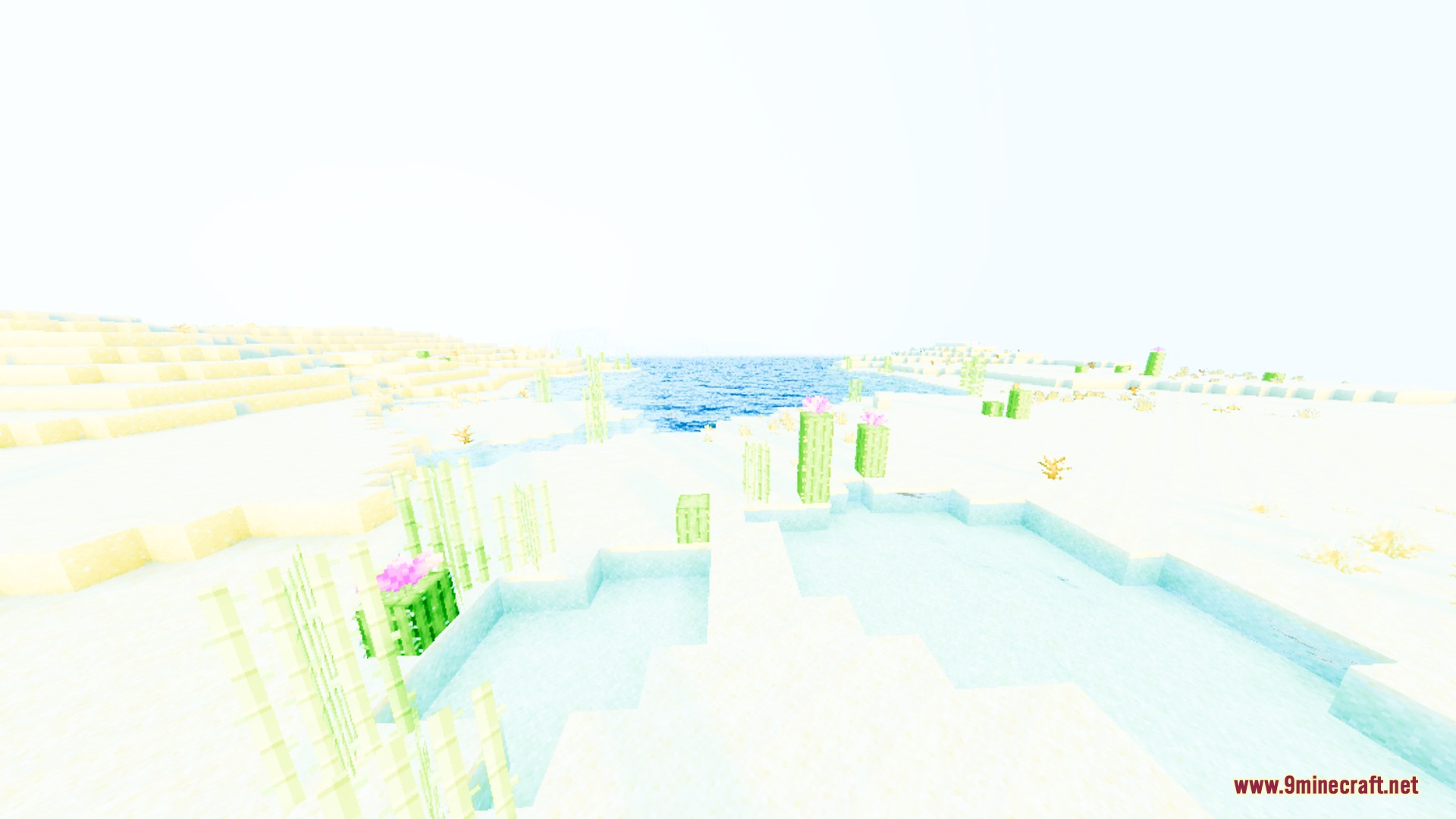 Auralis Shader Screenshot 9 Bright desert landscape with cacti and sugar cane near glassy reflective water