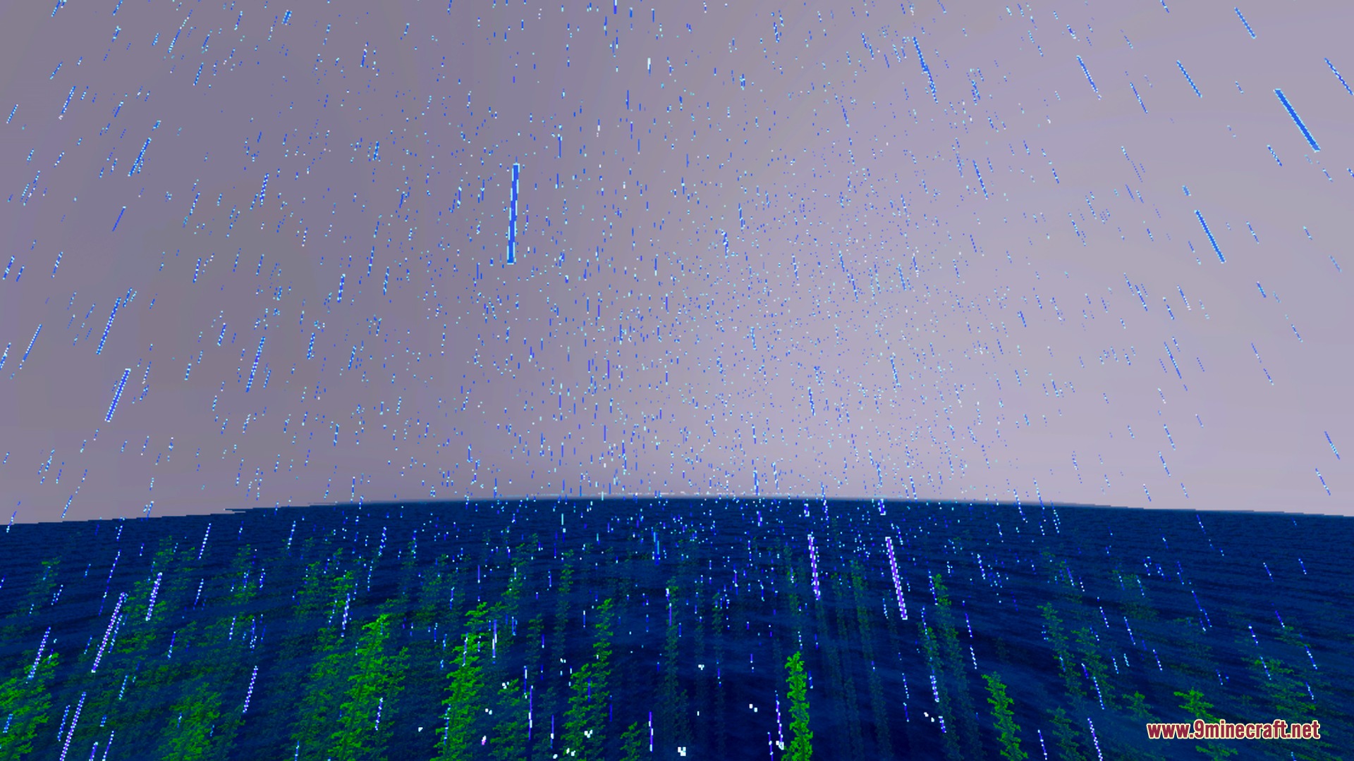Auren Visuals Shader Screenshot 10 Rain falling over a deep blue Minecraft ocean with visible underwater kelp plants
