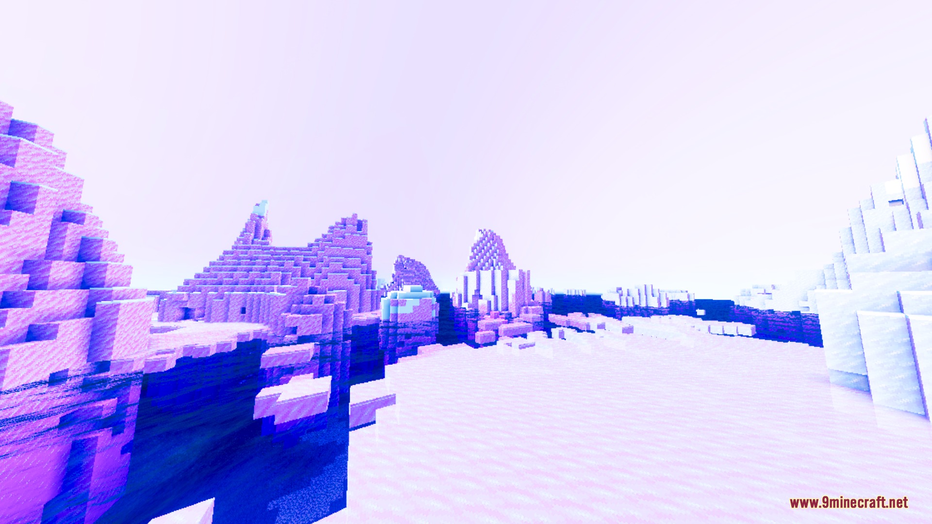 Auren Visuals Shader Screenshot 3 Vibrant purple sky over a snowy landscape with large ice spike formations
