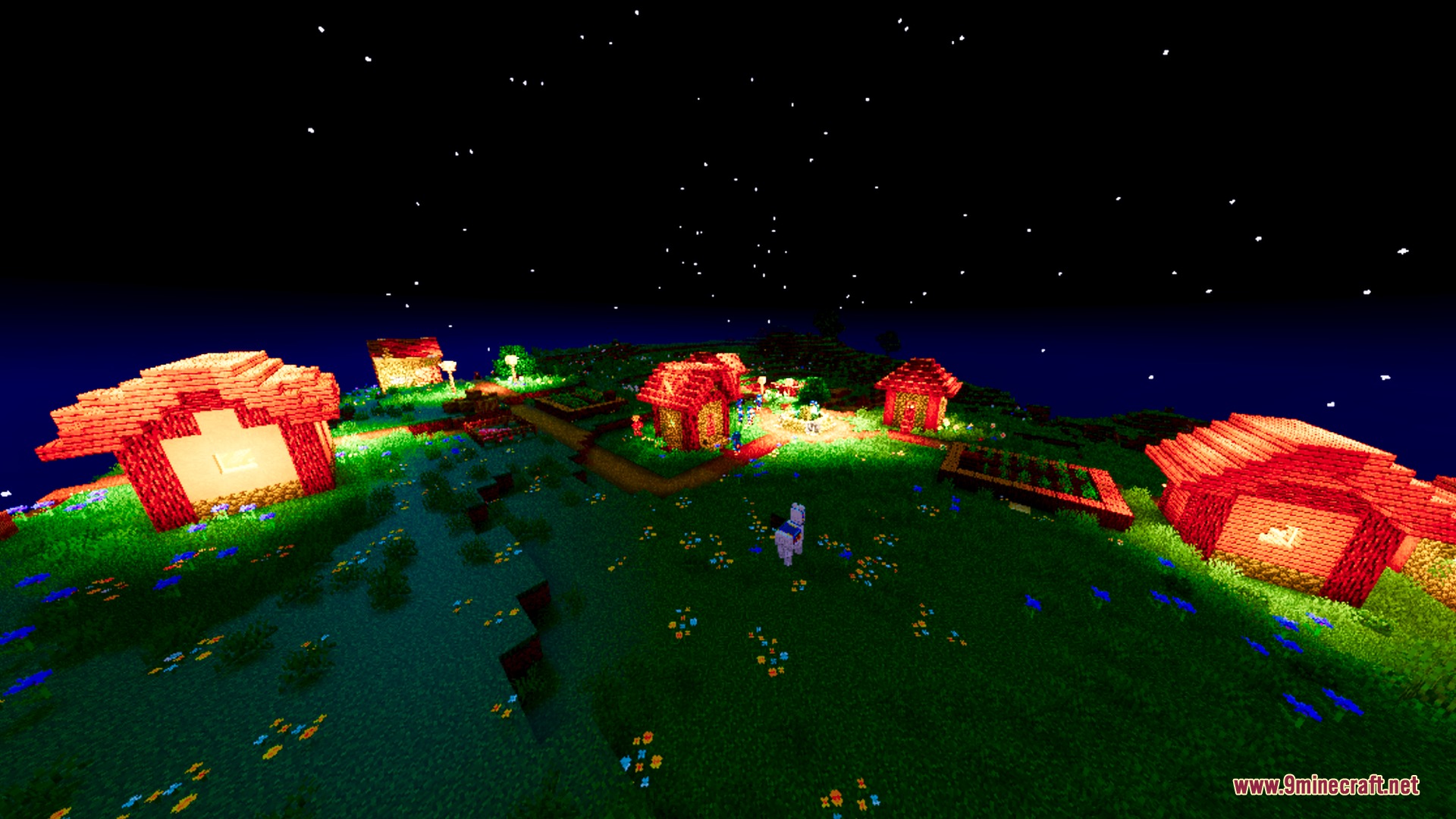 Auren Visuals Shader Screenshot 4 Cozy Minecraft village at night featuring warm lighting and a starry sky