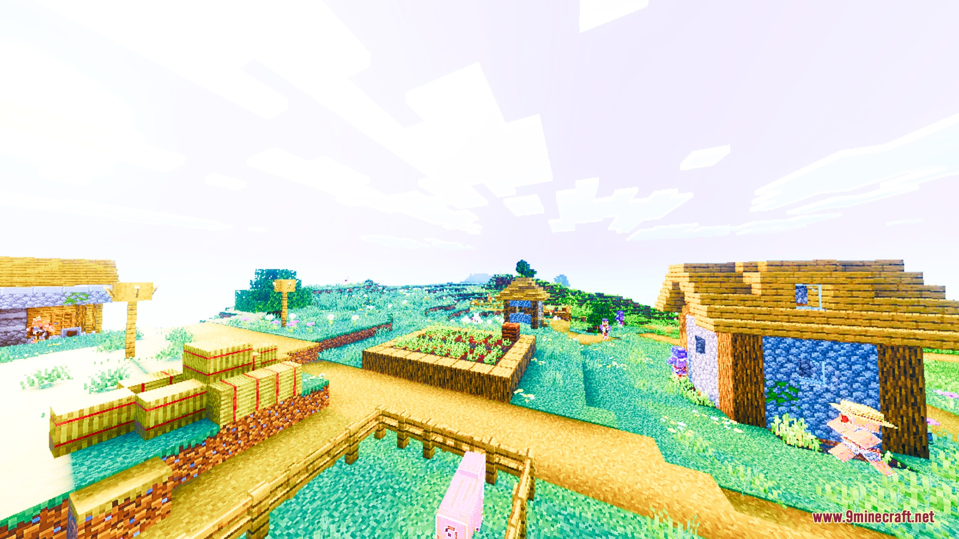 Auren Visuals Shader Screenshot 5 A vibrant Minecraft village featuring hay bales and a small pig pen
