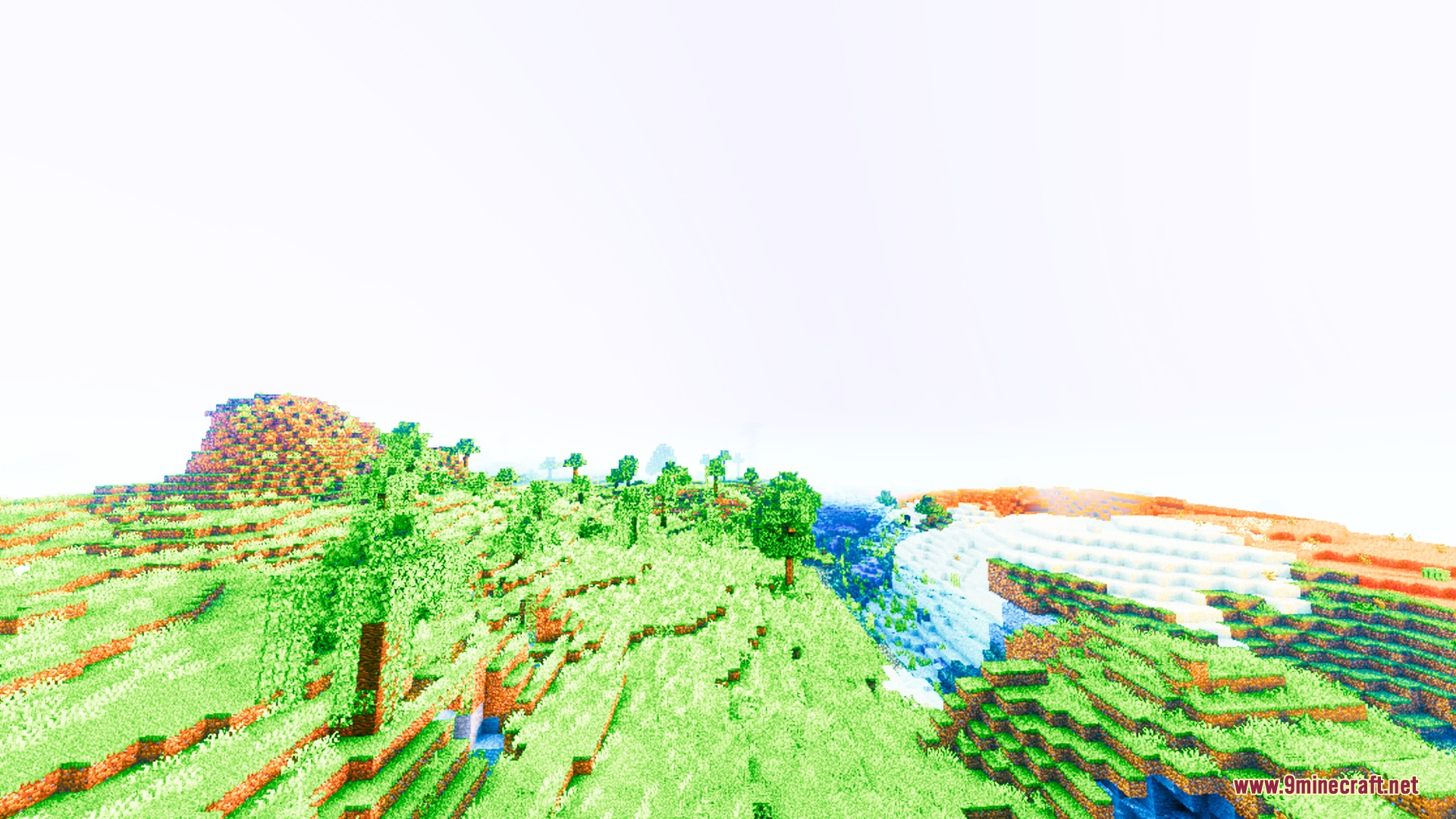 Auren Visuals Shader Screenshot 8 Vibrant green hills and trees under a bright sky in a Minecraft world