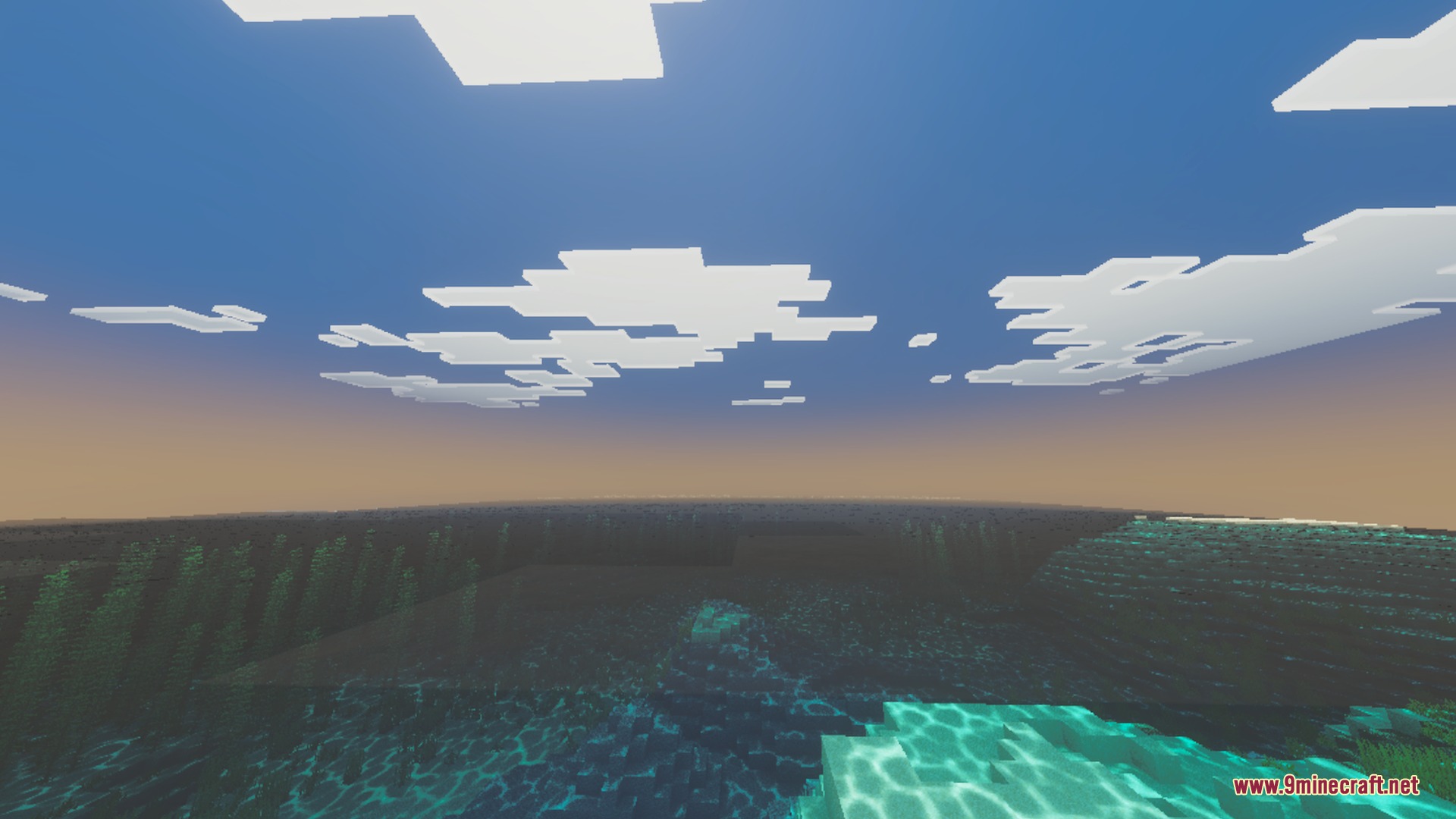 Aurora Visuals Shader Screenshot 1 Realistic water reflections on a vast ocean under soft white volumetric clouds