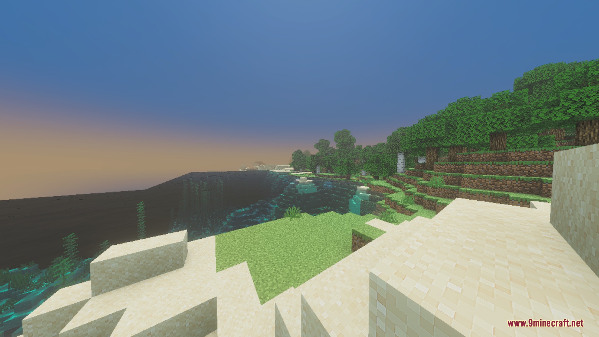 Aurora Visuals Shader Screenshot 10 Sandy shoreline overlooking clear water with realistic reflections and a dense forest