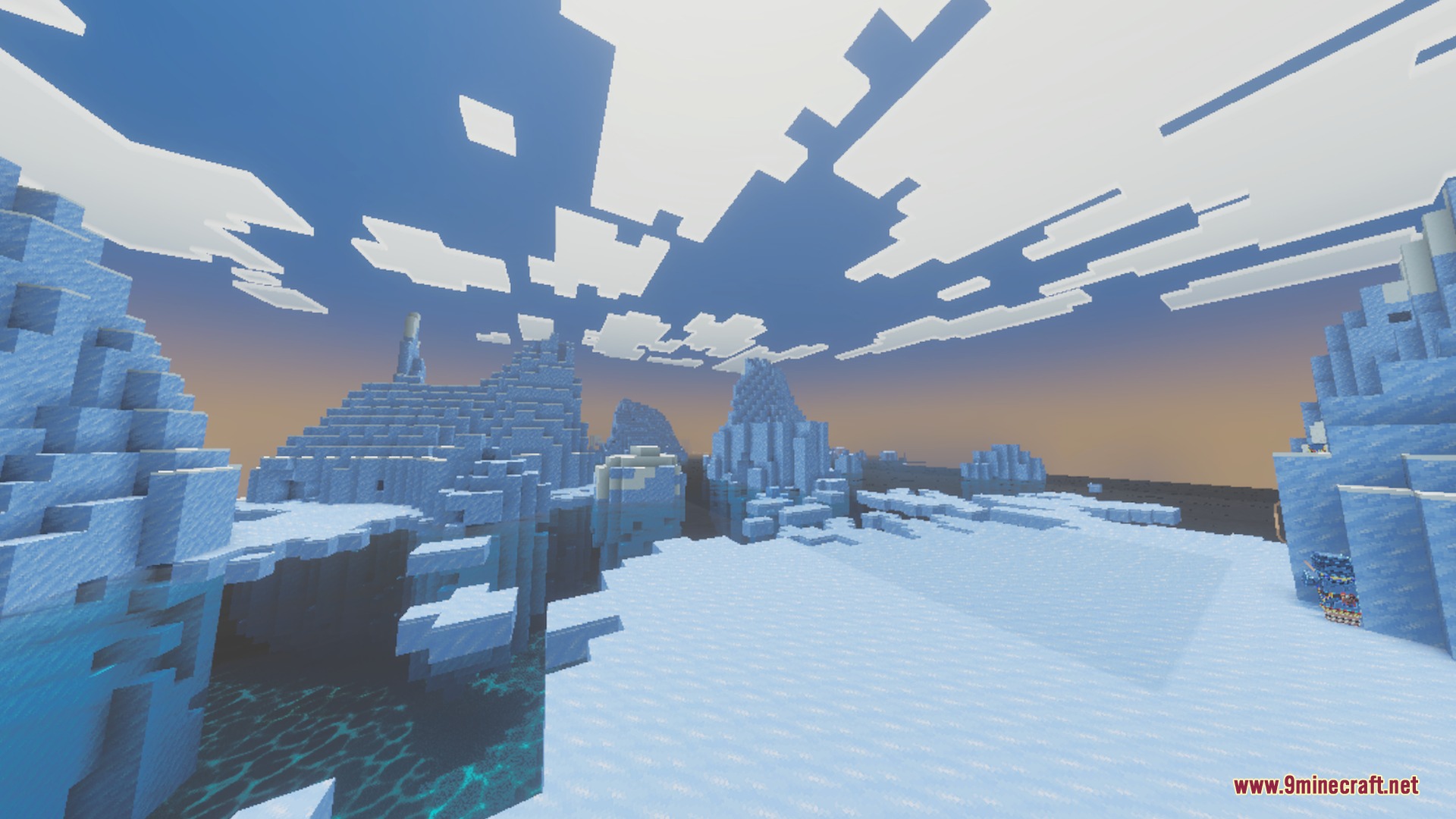 Aurora Visuals Shader Screenshot 3 Icy landscape with frozen peaks and realistic water reflections under a sunset