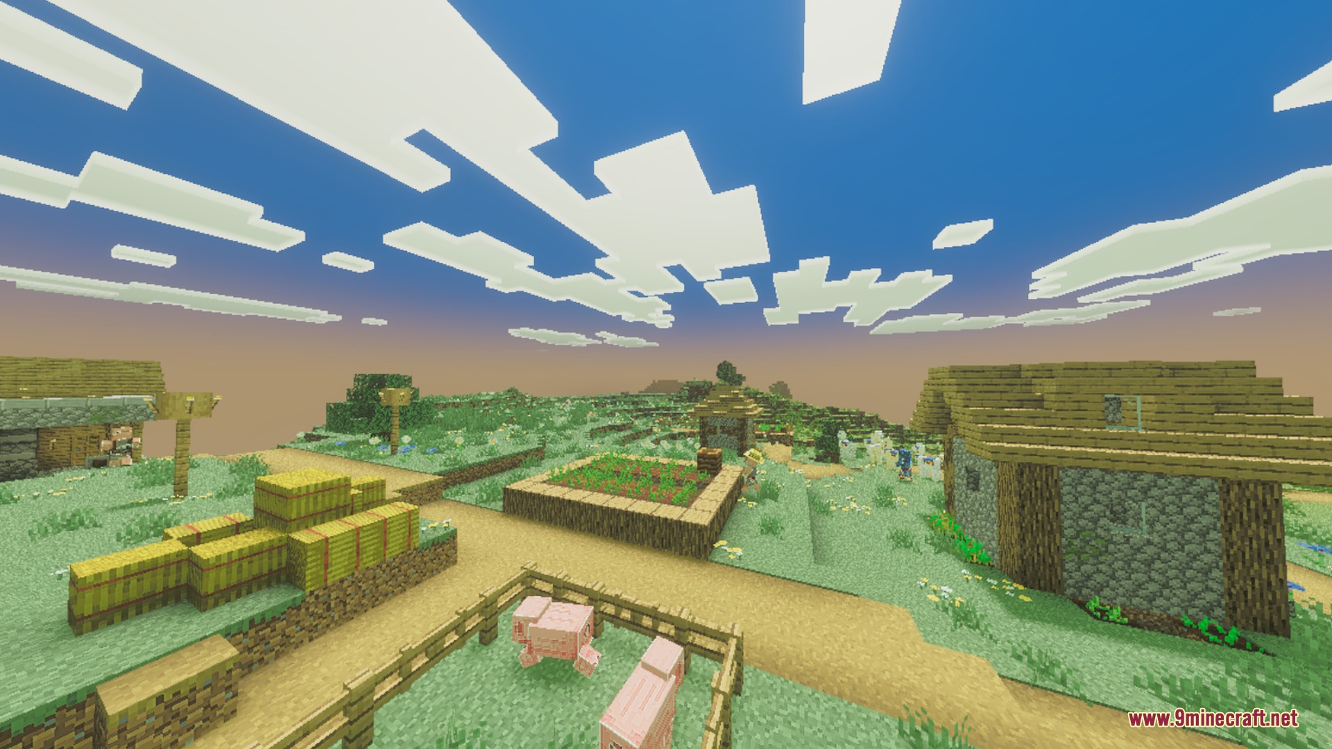 Aurora Visuals Shader Screenshot 5 A peaceful village with hay bales and pigs under soft volumetric clouds