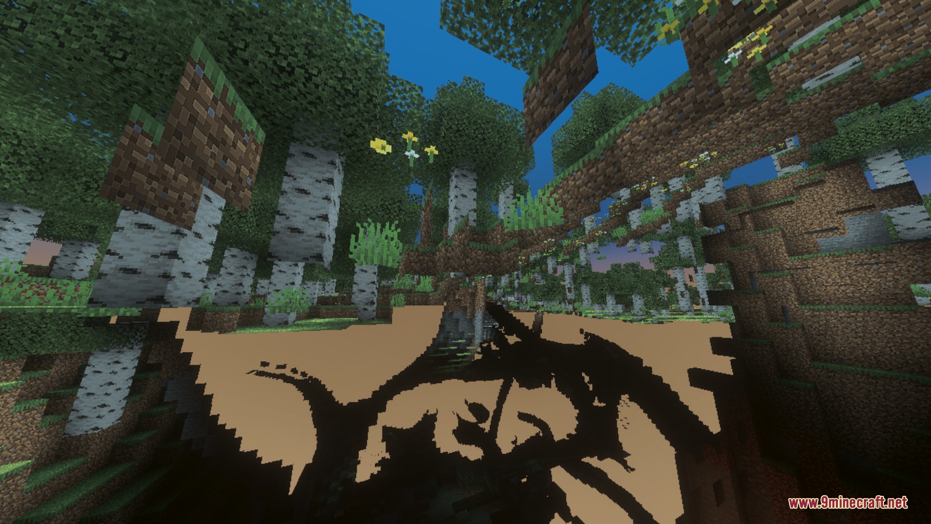 Aurora Visuals Shader Screenshot 7 A glitched view of a birch forest with strange black and tan shapes