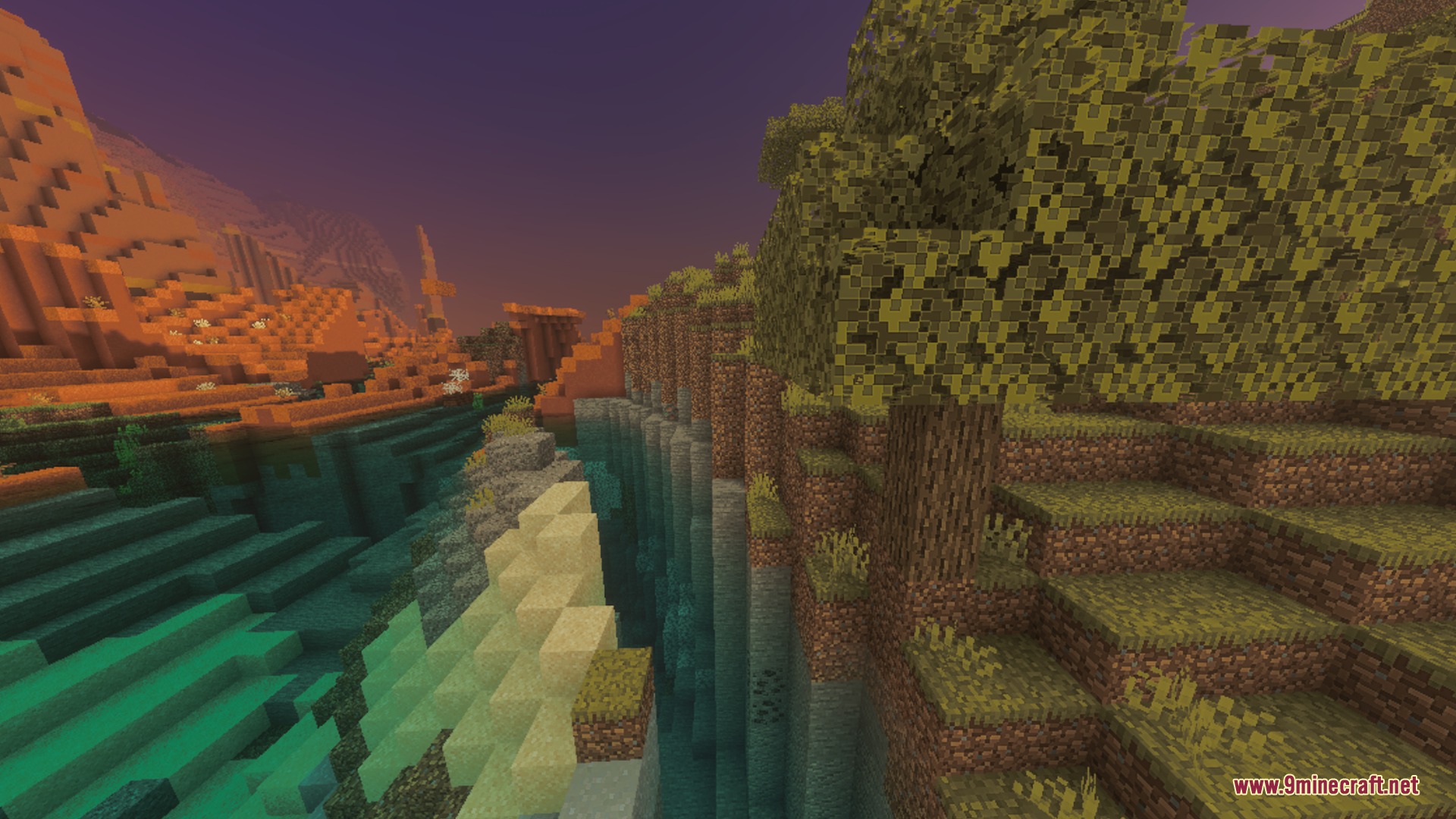 Aurora Visuals Shader Screenshot 8 Aurora Visuals shader pack enhances a sunset landscape with realistic water reflections