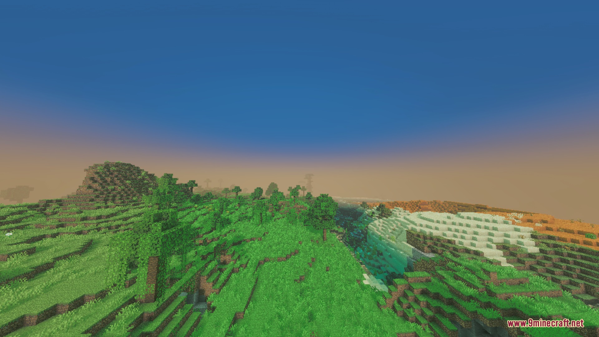 Aurora Visuals Shader Screenshot 9 Vibrant green hills and a river valley under a soft hazy sunset sky