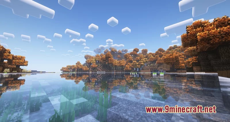 Autumn Fall Resource Pack Screenshot 1 Autumn trees with orange leaves reflected in a clear blue lake