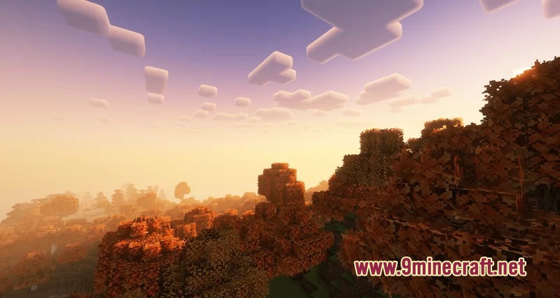 Autumn Fall Resource Pack Screenshot 5 A scenic sunset over a forest with red and orange autumn leaves