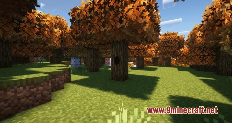 Autumn Fall Resource Pack Screenshot 8 A Minecraft forest with vibrant orange and yellow leaves on the trees