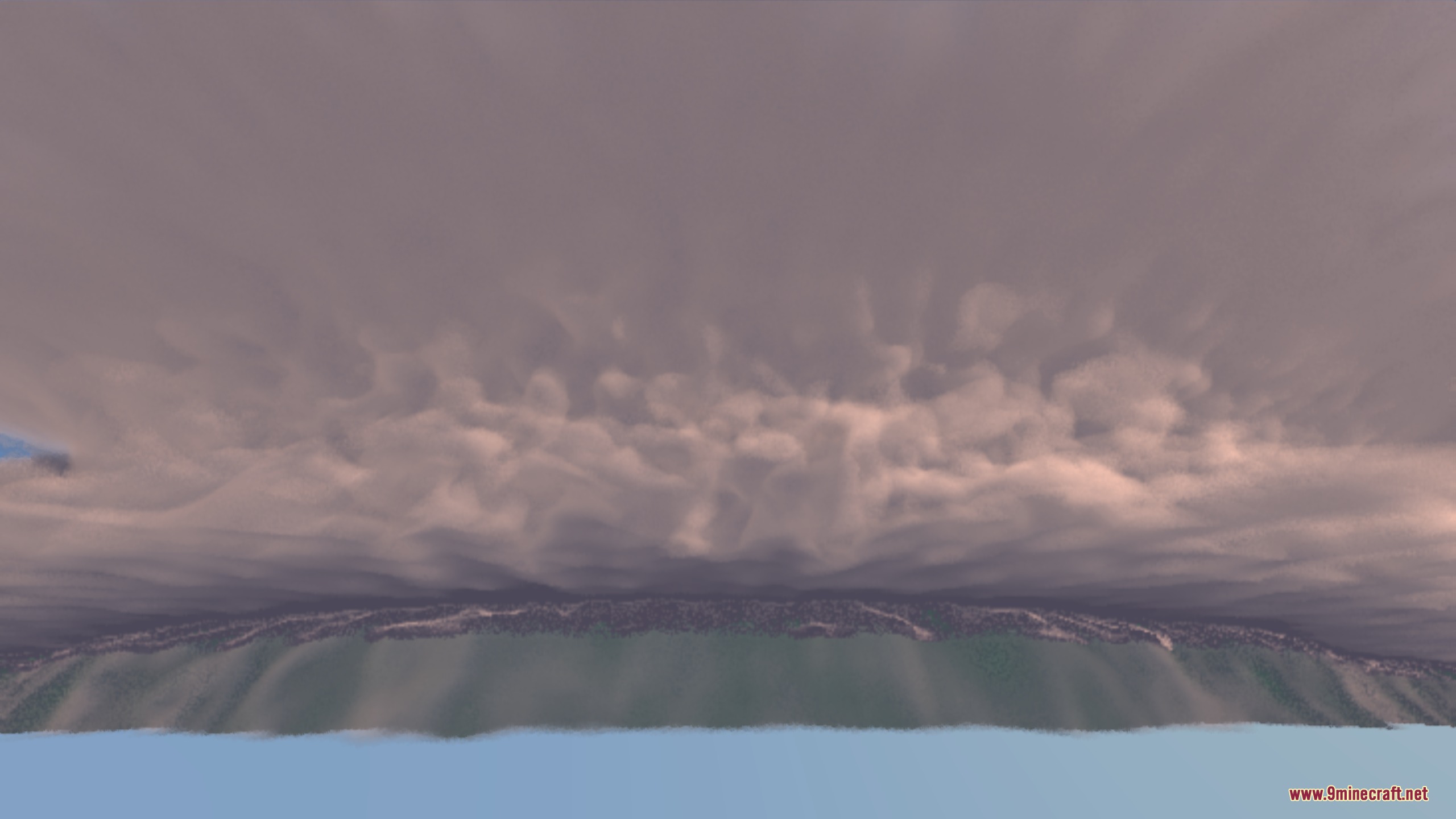 Autumn's Realistic Clouds Resource Pack Screenshot 5 Dense dark storm clouds gathering over a distant horizon in Minecraft