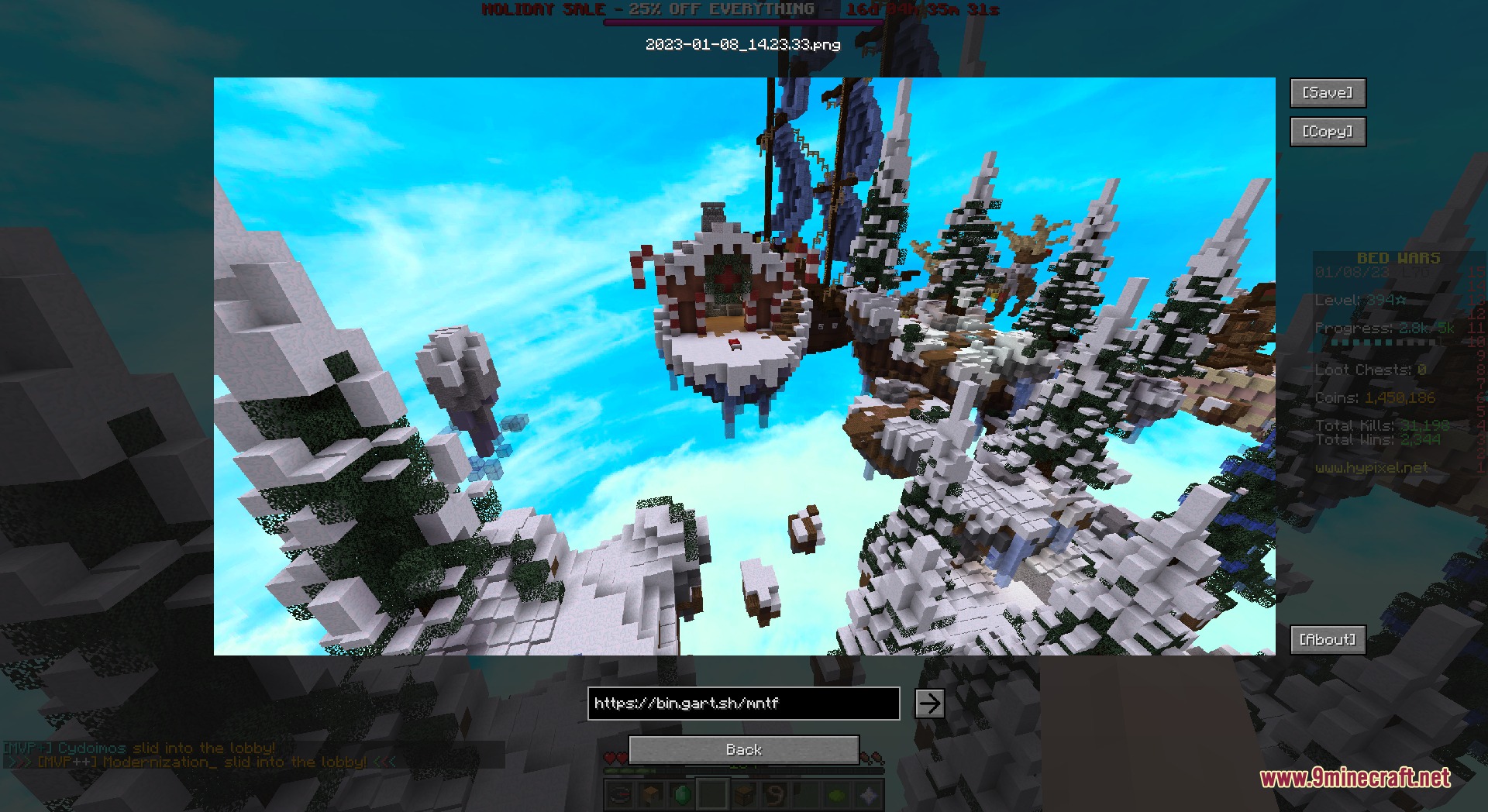 Axolotl Client Customizable HUD & Client QoL Features Mod Screenshot 4 Screenshot manager interface showing a snowy floating island with a gingerbread house