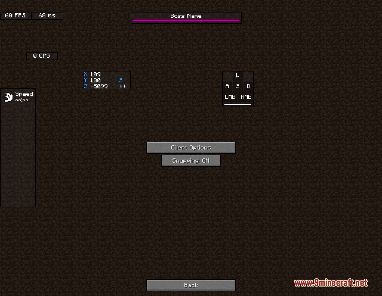 Axolotl Client Customizable HUD & Client QoL Features Mod Screenshot 5 A Minecraft interface showing customizable HUD modules like coordinates and keystroke displays