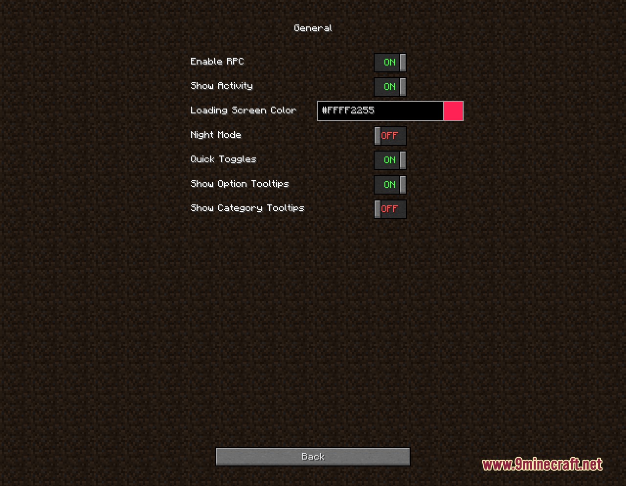 Axolotl Client Customizable HUD & Client QoL Features Mod Screenshot 6 General settings menu for the client showing various toggleable features and color options