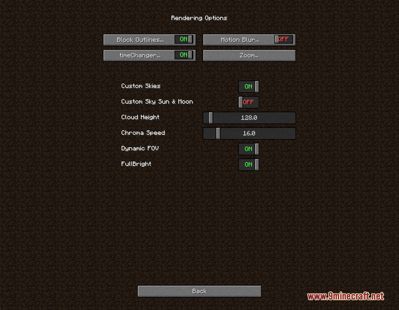 Axolotl Client Customizable HUD & Client QoL Features Mod Screenshot 7 Axolotl Client rendering options menu with settings for motion blur and full bright