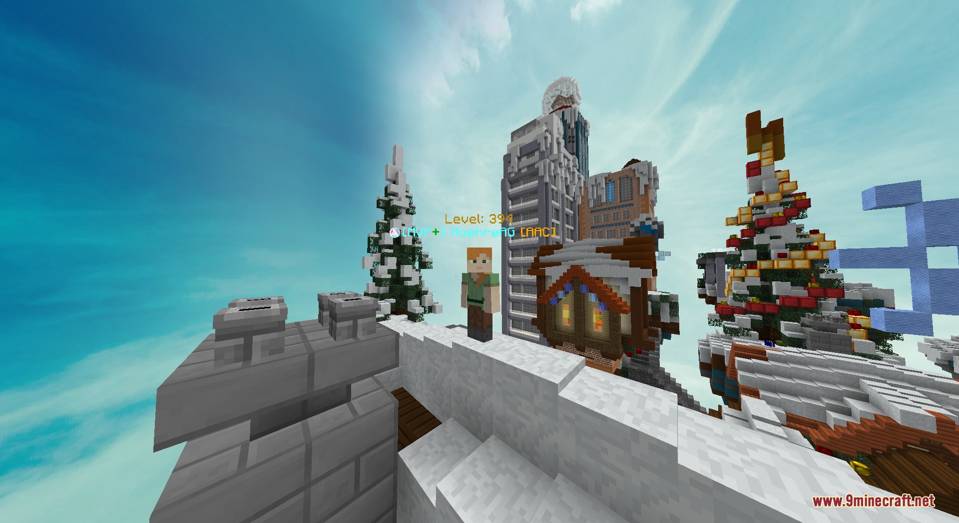 Axolotl Client Customizable HUD & Client QoL Features Mod Screenshot 8 Minecraft gameplay showing a player with a level tag in a snowy winter city