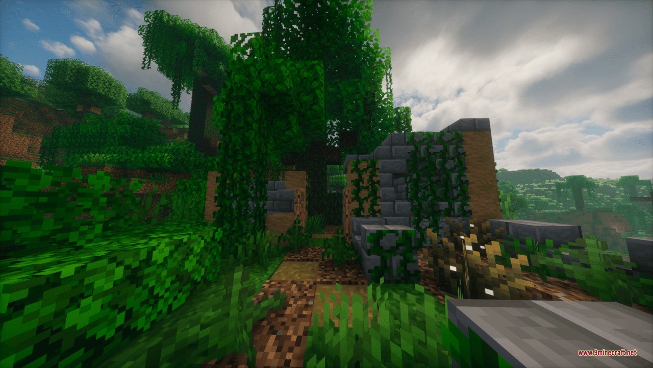Aztec Temple & Ruins Ruins Structure Data Pack Screenshot 1 Broken stone house ruins covered in vines within a jungle biome