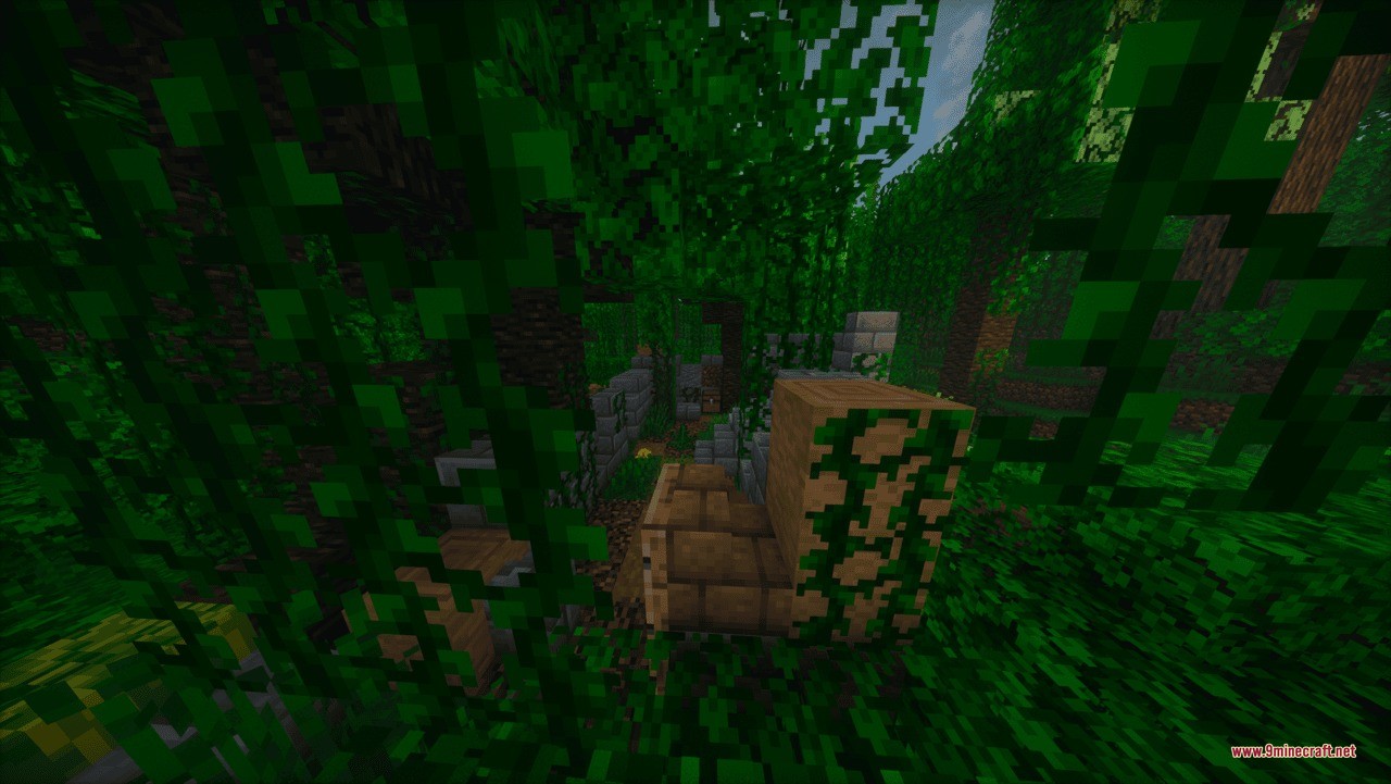 Aztec Temple & Ruins Ruins Structure Data Pack Screenshot 10 Broken stone house ruins overgrown with vines in a dense jungle forest