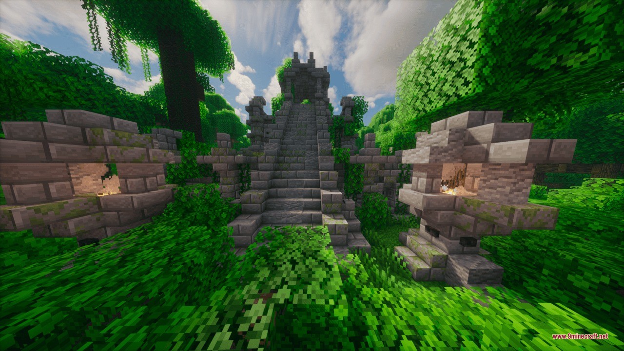 Aztec Temple & Ruins Ruins Structure Data Pack Screenshot 2 Grand stone temple staircase with lanterns hidden in the deep jungle
