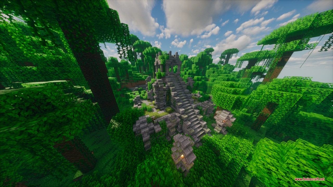 Aztec Temple & Ruins Ruins Structure Data Pack Screenshot 3 Ancient stone Aztec temple ruins standing in a lush green jungle biome