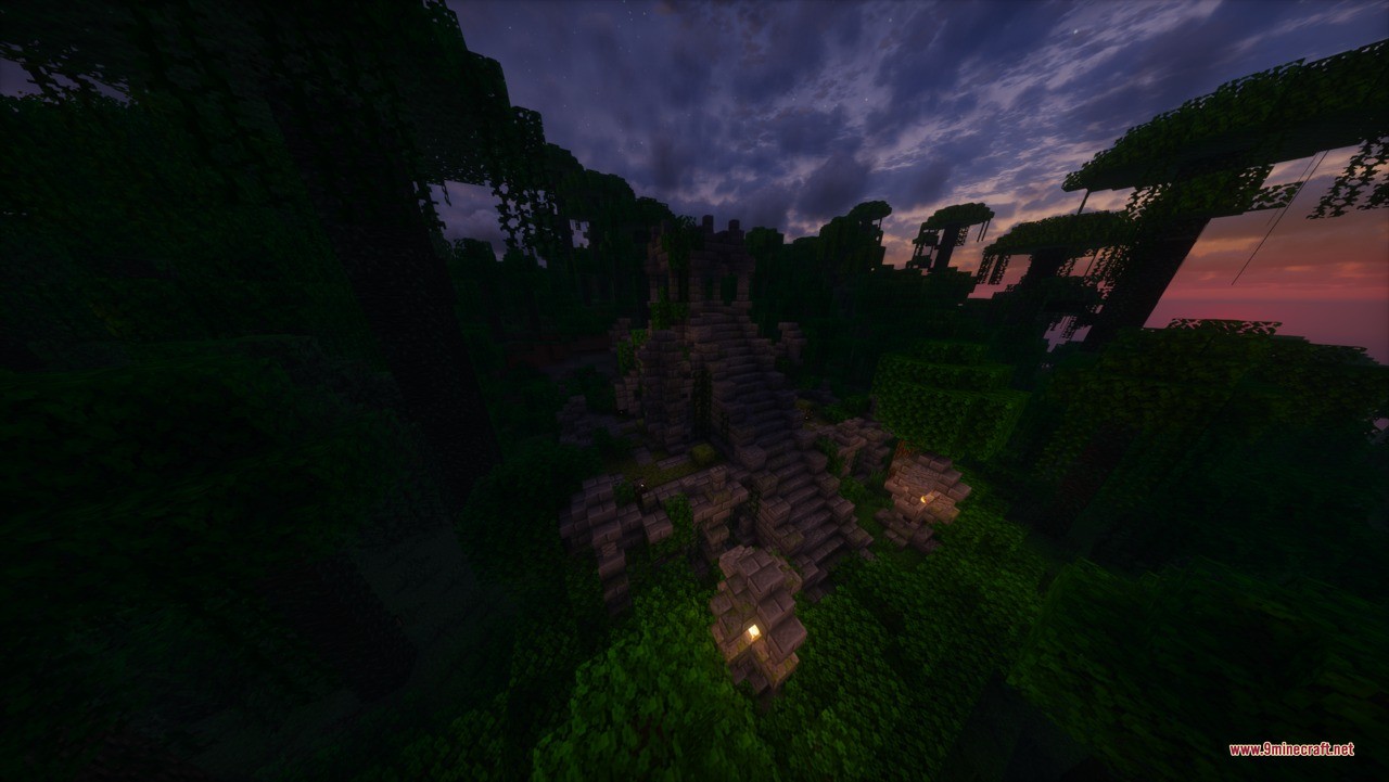 Aztec Temple & Ruins Ruins Structure Data Pack Screenshot 4 Overgrown stone ruins in a dark jungle biome lit by glowing lanterns