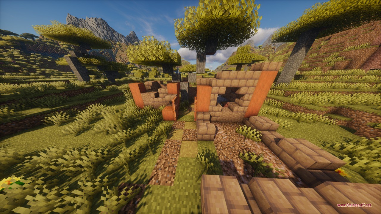 Aztec Temple & Ruins Ruins Structure Data Pack Screenshot 5 Ancient stone ruins with orange terracotta blocks located in a grassy savanna
