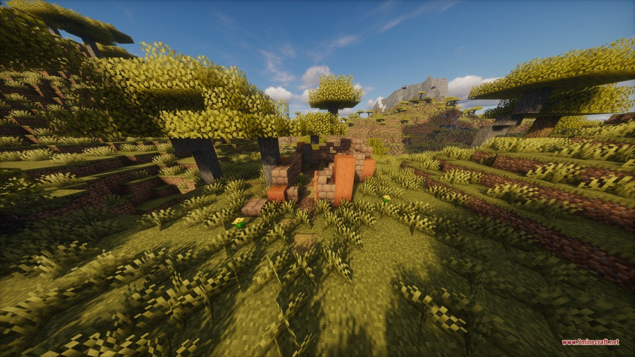 Aztec Temple & Ruins Ruins Structure Data Pack Screenshot 6 Small Aztec ruins structure surrounded by acacia trees in a savanna biome
