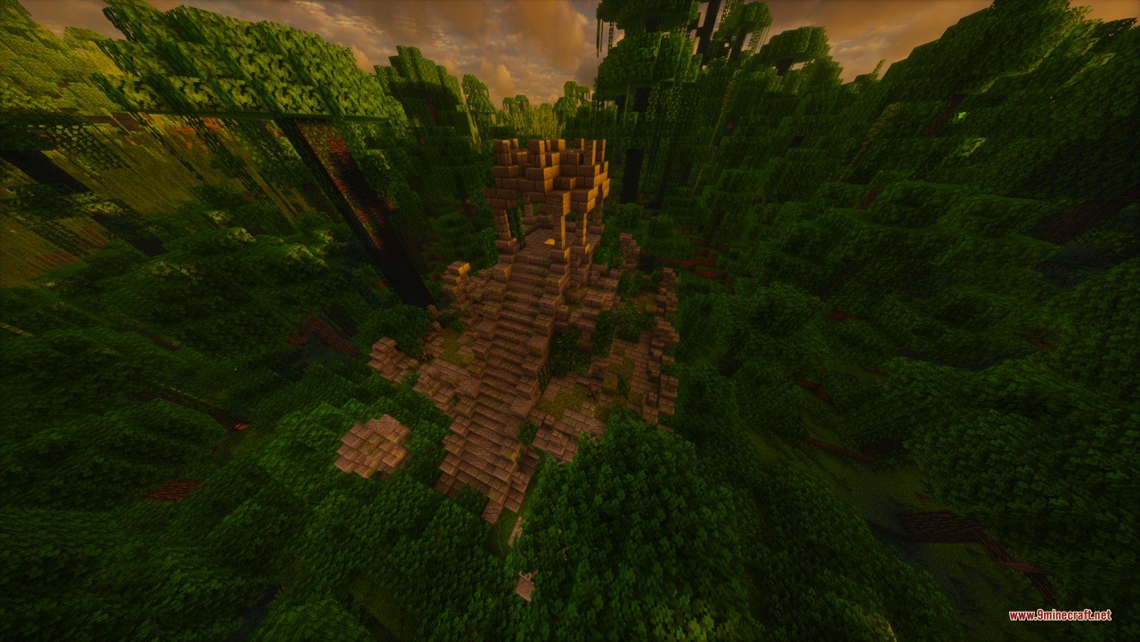 Aztec Temple & Ruins Ruins Structure Data Pack Screenshot 9 An ancient stone temple stands tall amidst a dense green jungle biome