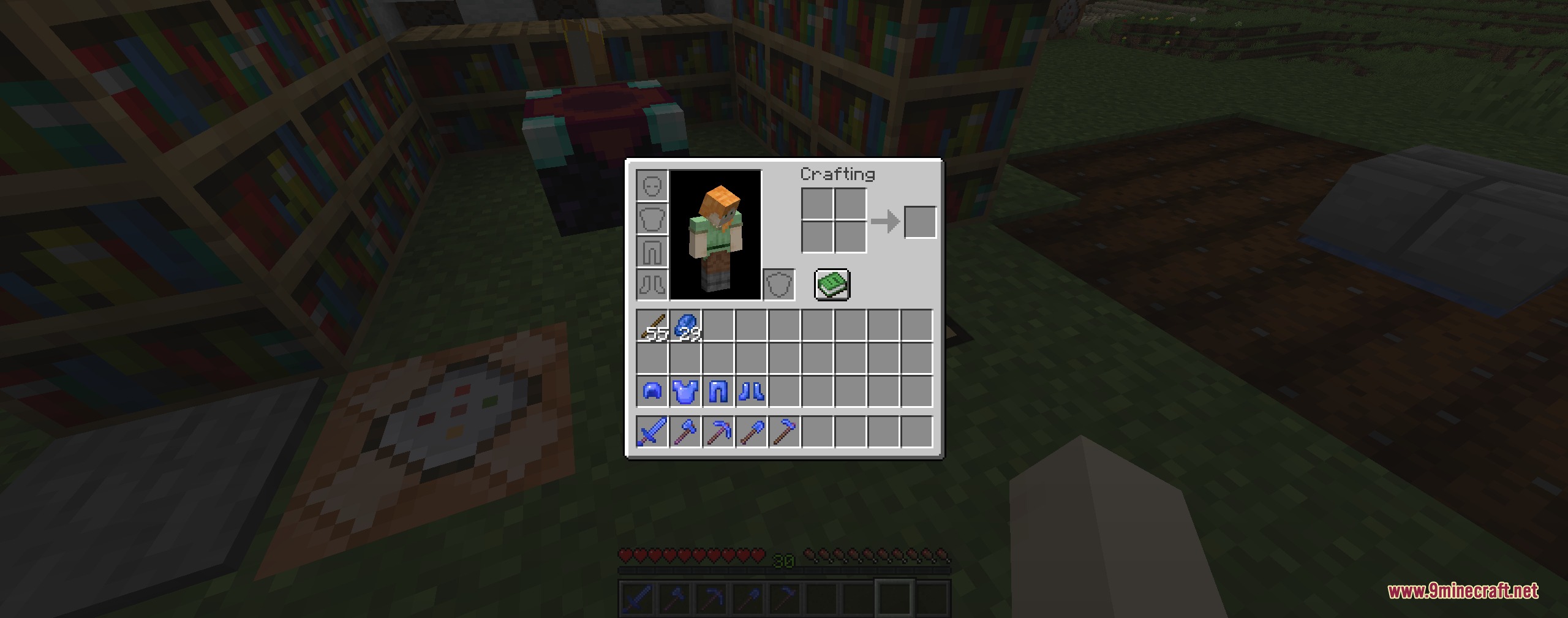 Azure Relic Tools Mod Screenshot 1 Player inventory displaying blue lapis lazuli armor and tools near enchanting table