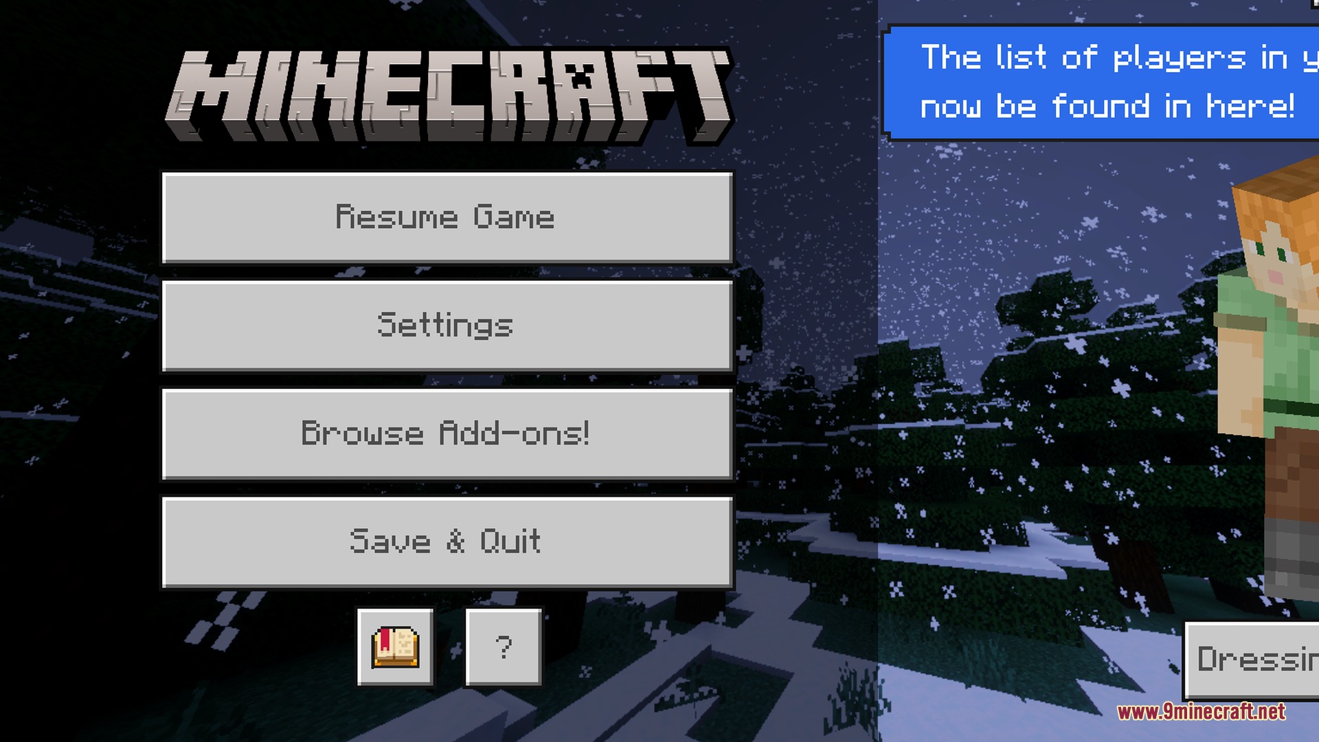 Azure Visuals Shader Screenshot 10 Minecraft pause menu displayed over a snowy forest biome during the cold night