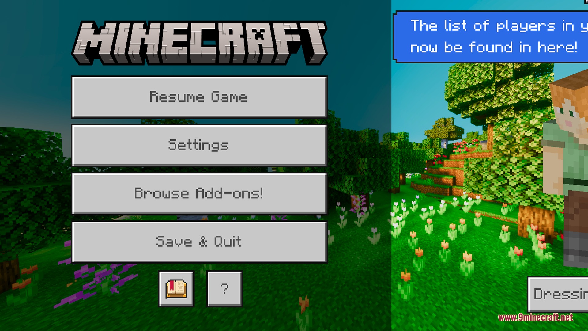 Azure Visuals Shader Screenshot 9 Minecraft pause menu screen showing vibrant green grass and flowers with Azure Visuals