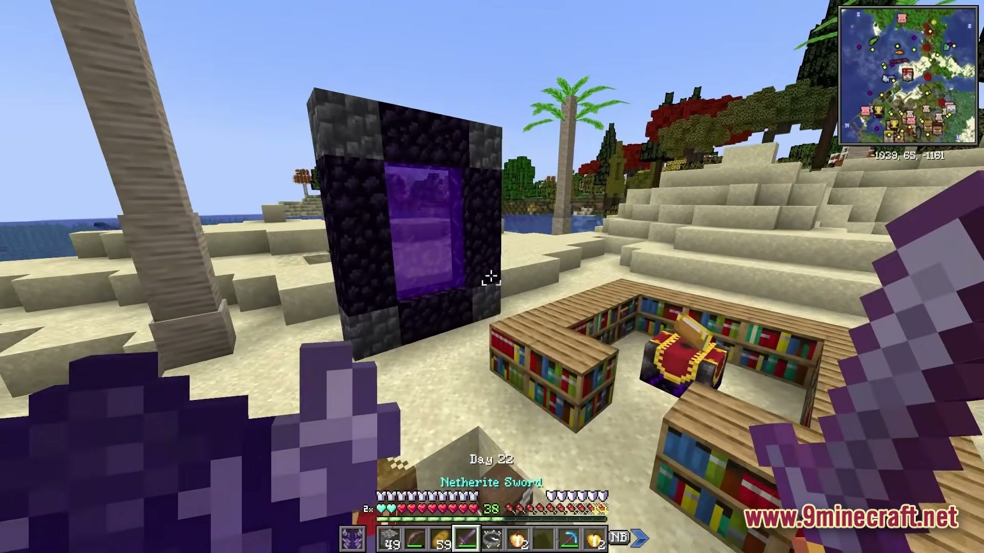 BETTER FANTASY Overture Modpack Screenshot 1 An active Nether portal and an enchanting table setup located on a sandy beach biome