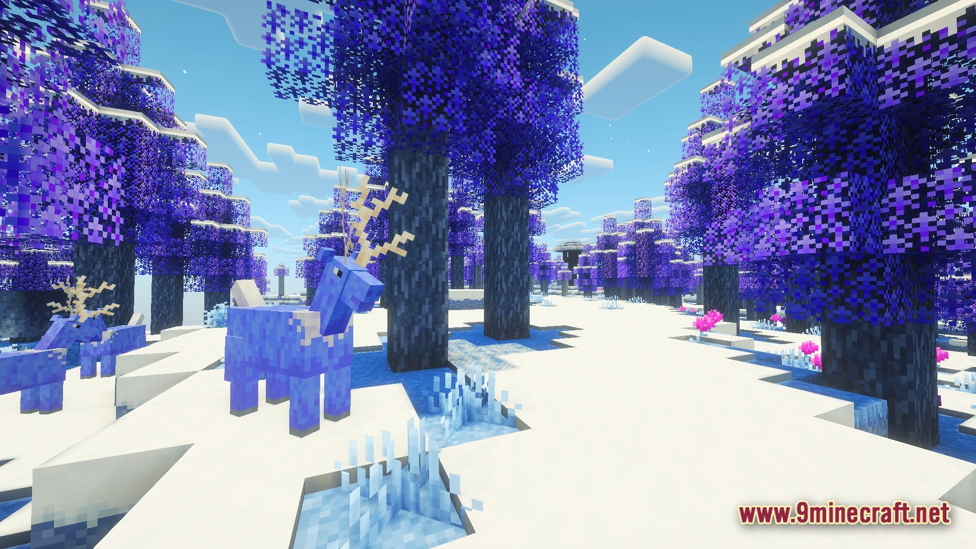 BETTER FANTASY Overture Modpack Screenshot 10 Blue deer-like creatures stand in a snowy forest with vibrant purple trees and crystalline plants