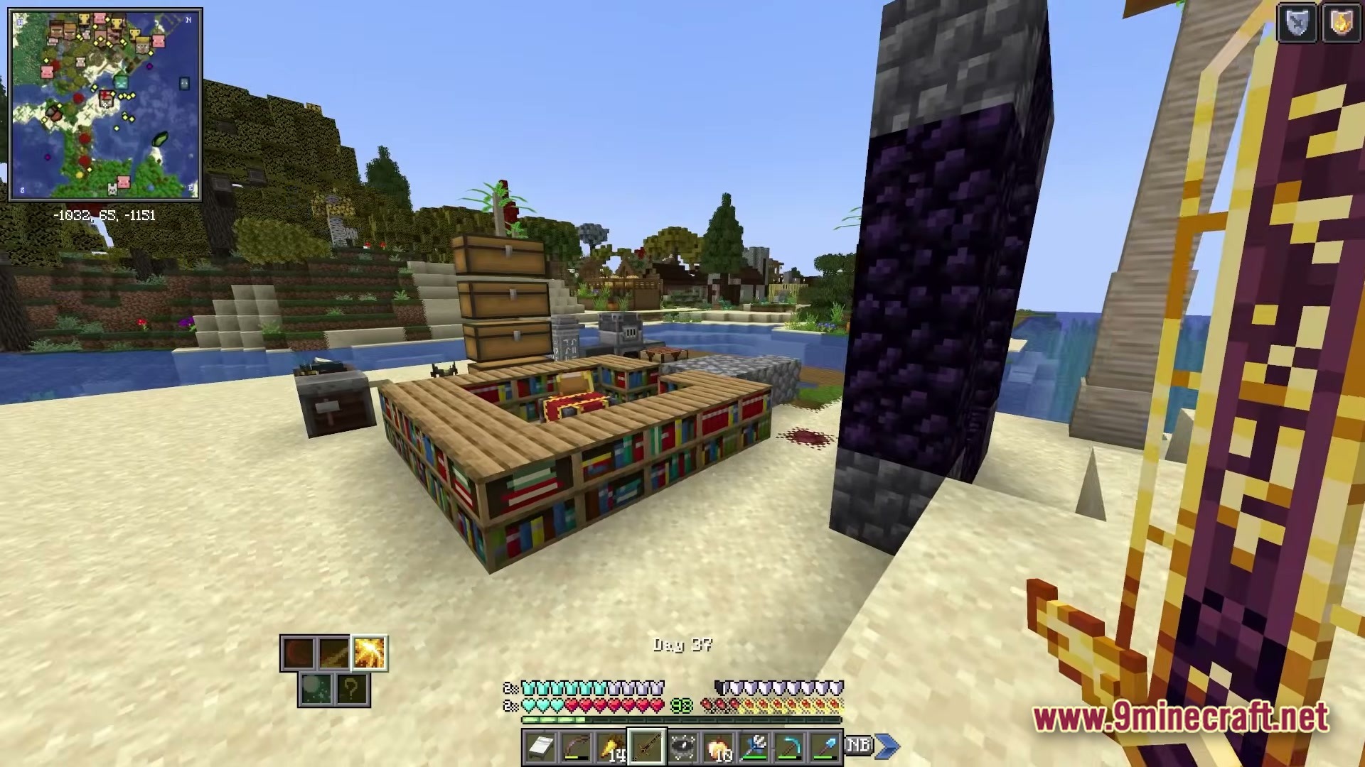 BETTER FANTASY Overture Modpack Screenshot 3 An outdoor enchanting setup with bookshelves and chests located on a beach near a portal